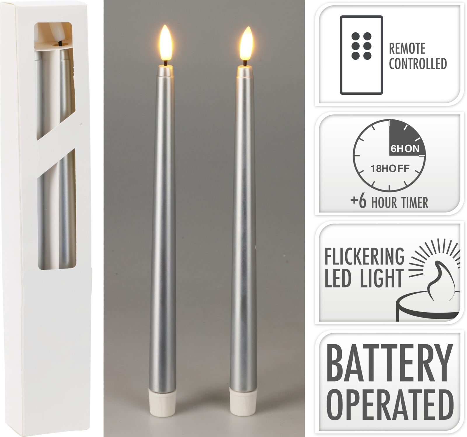 Комплект LED свещи конус 25 см 2 броя сребро