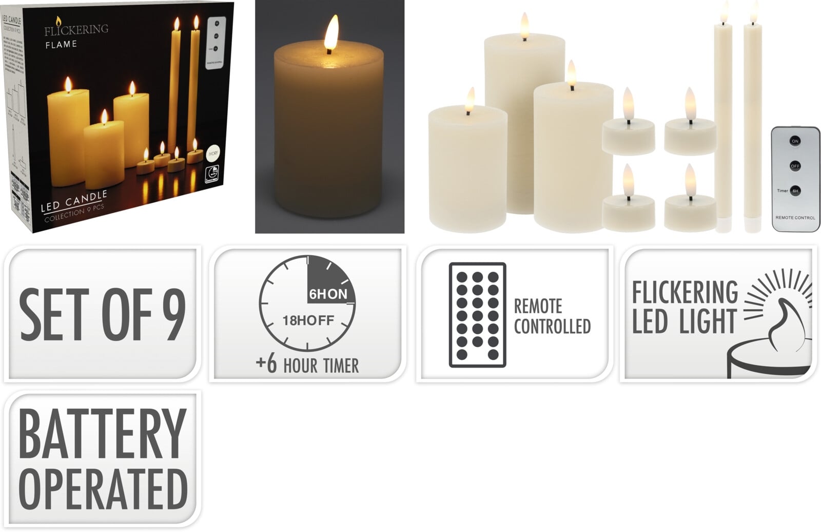 Комплект LED свещи 9 броя слонова кост