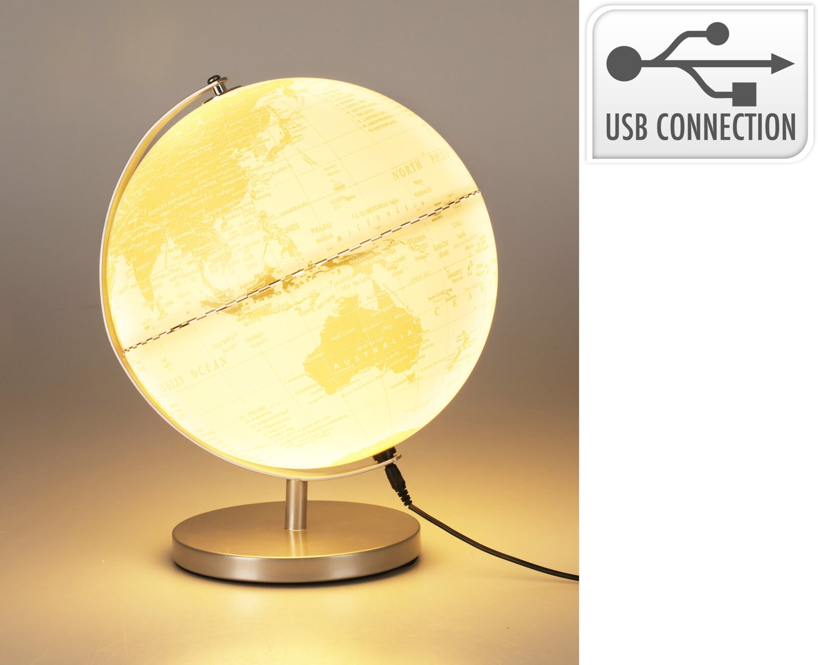 Глобус на стойка с LED лампа бяло / златно