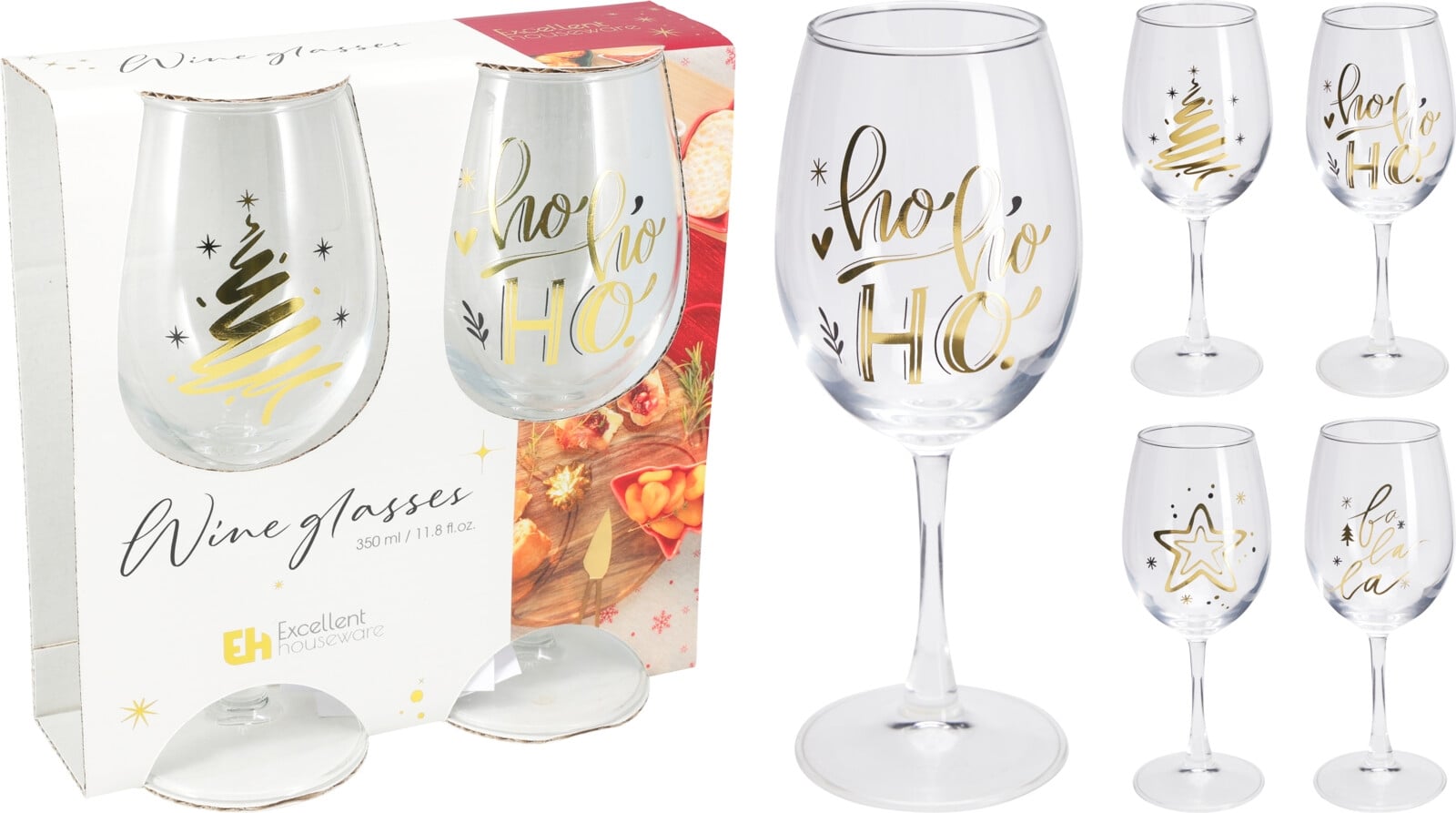 Комплект коледни чаши за вино 350 мл / 2 броя микс