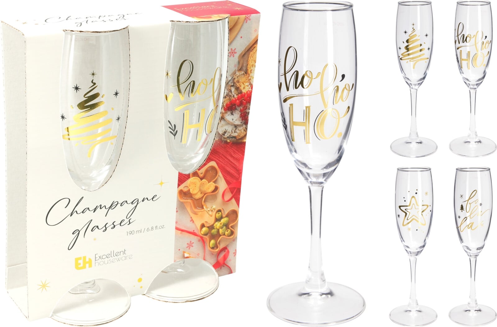 Комплект коледни чаши за шампанско 190 мл / 2 броя микс
