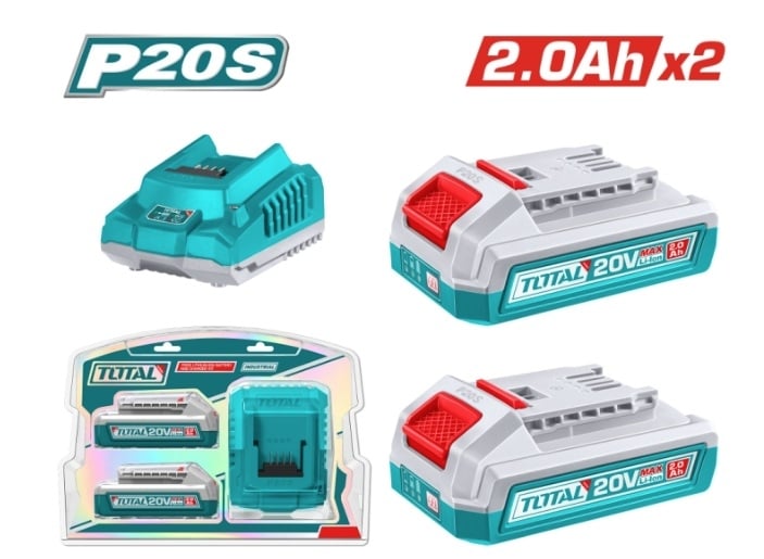 Комплект акумулаторни батерии и зарядно TOTAL INDUSTRIAL, Li-Ion, 20 V, 2.0 Ah,