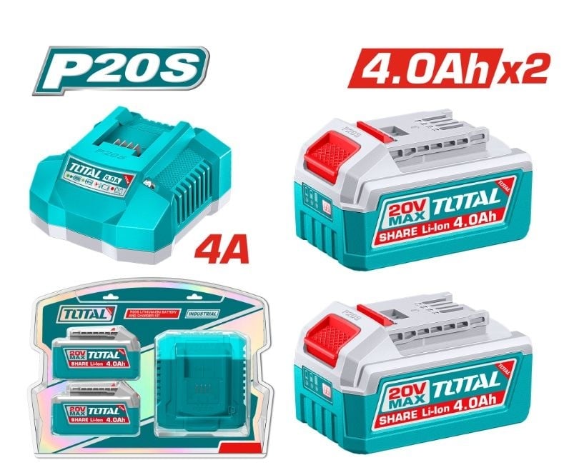 К-т акум. батерии и зарядно TOTAL Ind,20V,2x4Ah,3ч