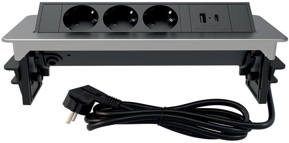 Мебелна кутия Pop-Up, с контакти 3х шуко, 2х USB тип A+C, кабел 2m, инокс Commel