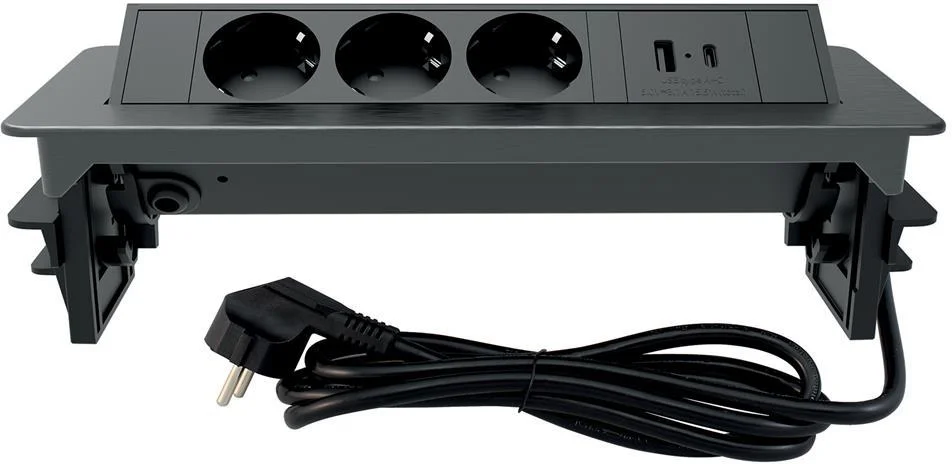 Мебелна кутия Pop-Up, с контакти 3х шуко, 2х USB тип A+C, кабел 2m, черен Commel