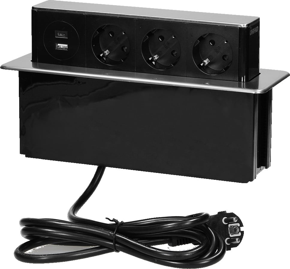 Мебелна кутия Pop-Up, с контакти 3х шуко, 2х USB тип A+C, кабел 2m, 273x65x93mm,