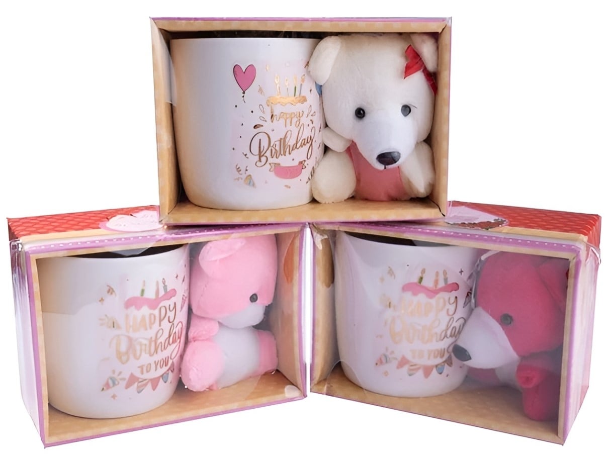 Комплект детска чаша и плюшена играчка Happy Birthday микс