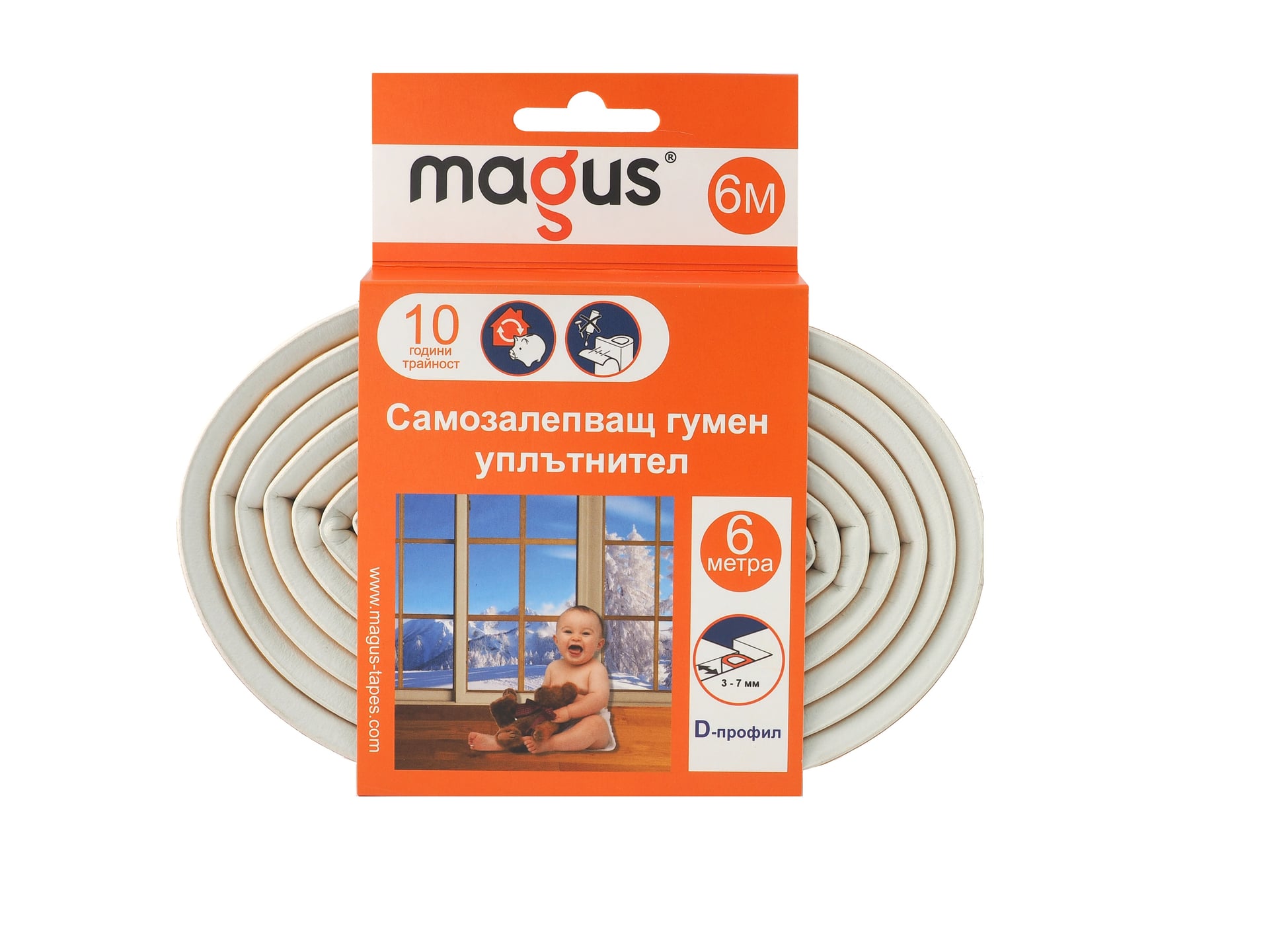 Гумен уплътнител Magus D-профил, бял, 6 м